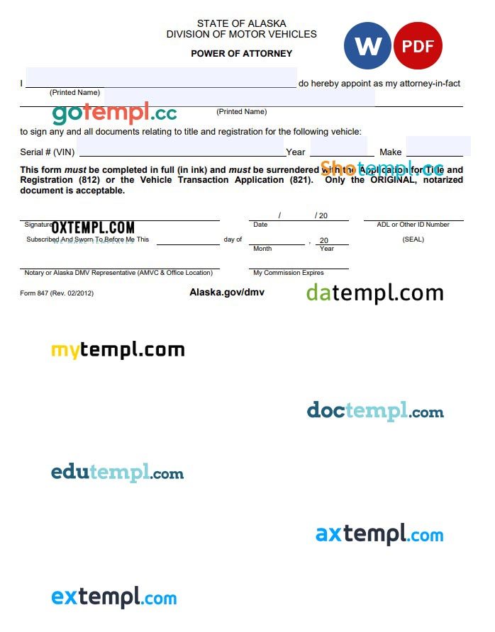 Alaska Department of Motor Vehicles Power of Attorney Form example, fully editable