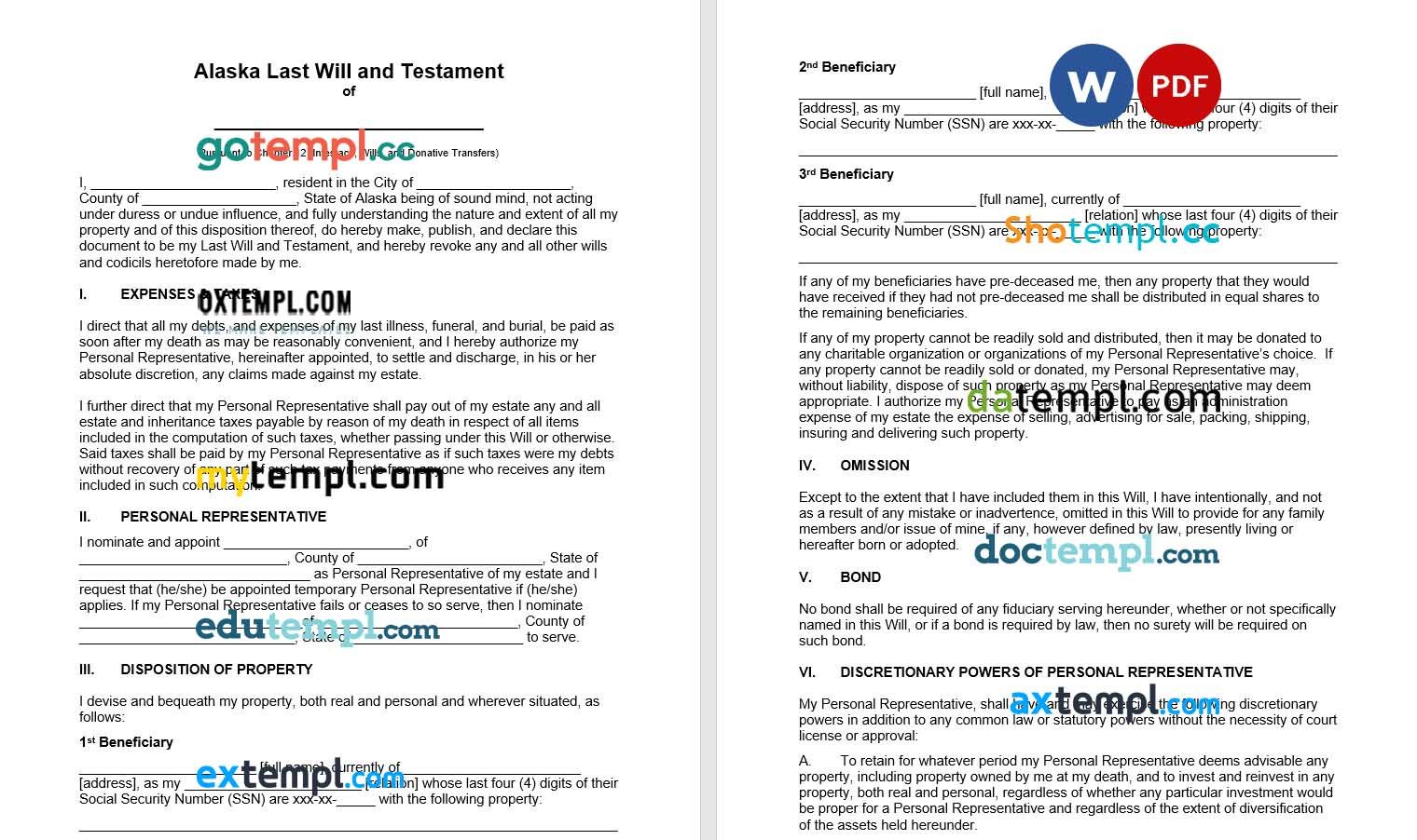 Alaska Last Will and Testament example, fully editable