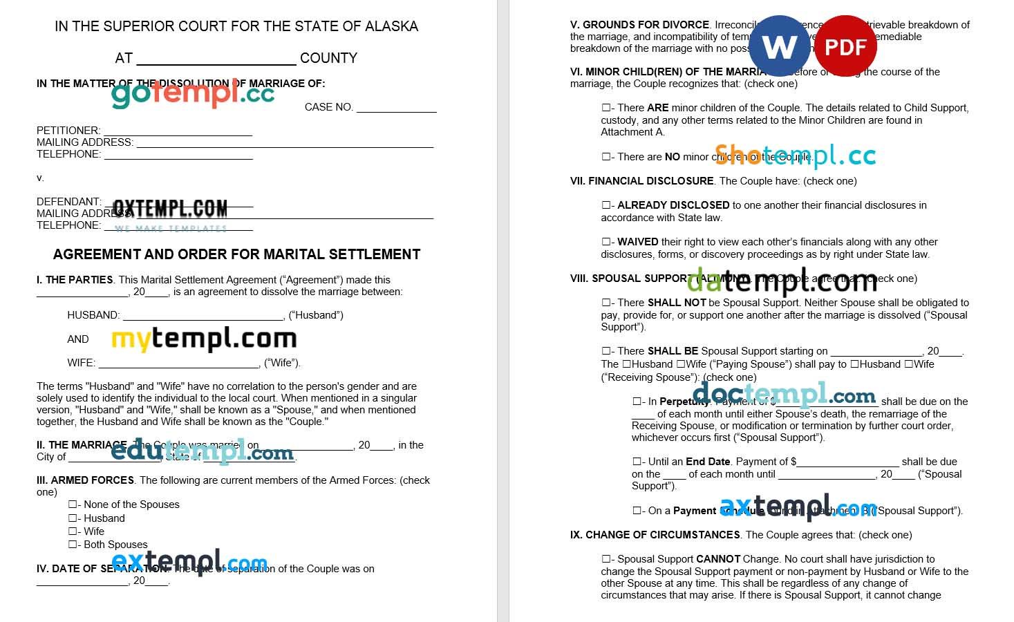 Alaska Marital Settlement Agreement example, fully editable