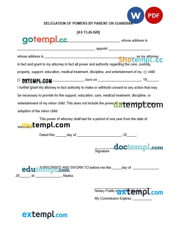 Alaska Minor Children Power of Attorney Form example, fully editable