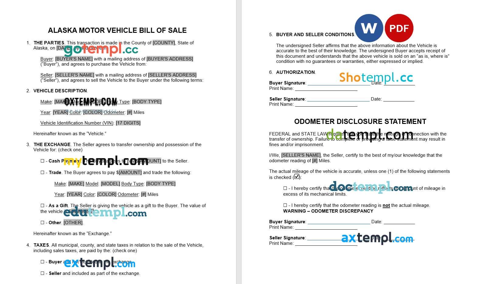 Alaska Motor Vehicle Bill of Sale example, fully editable