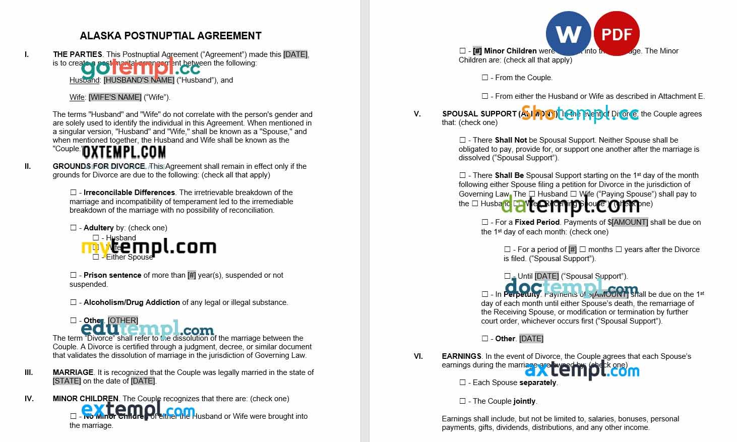 Alaska Postnuptial Agreement Word example, fully editable