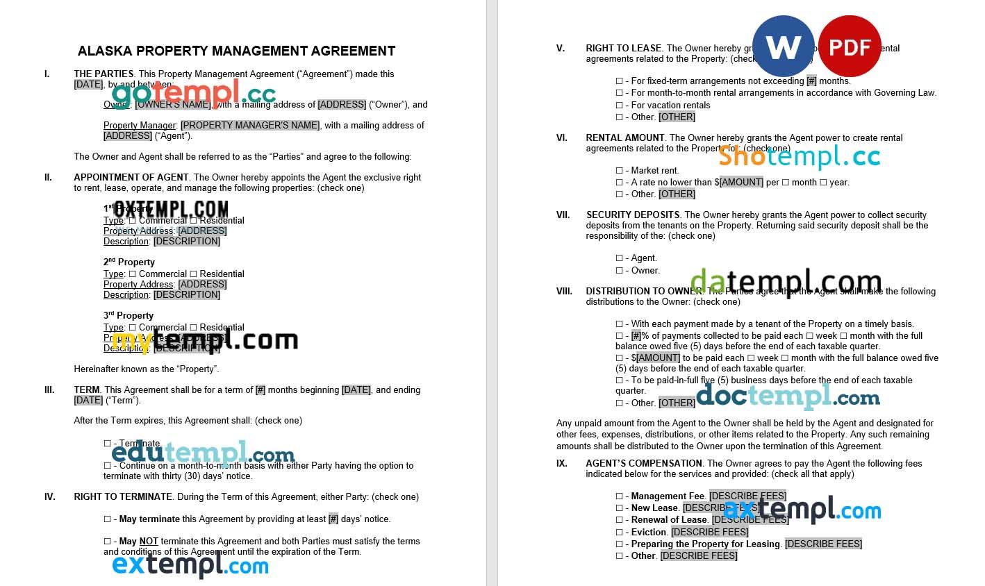 Alaska Property Management Agreement Word example, fully editable