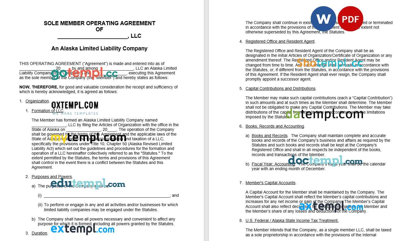 Alaska Single Member LLC Operating Agreement Word example, completely editable