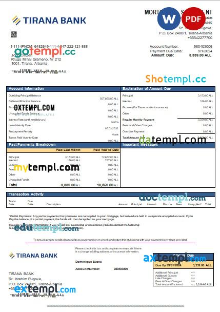 Albania Tirana bank mortgage statement, editable template in PDF and Word