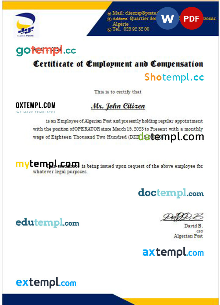 Algeria Algerian Post certificate of employment and compensation Word and PDF download template