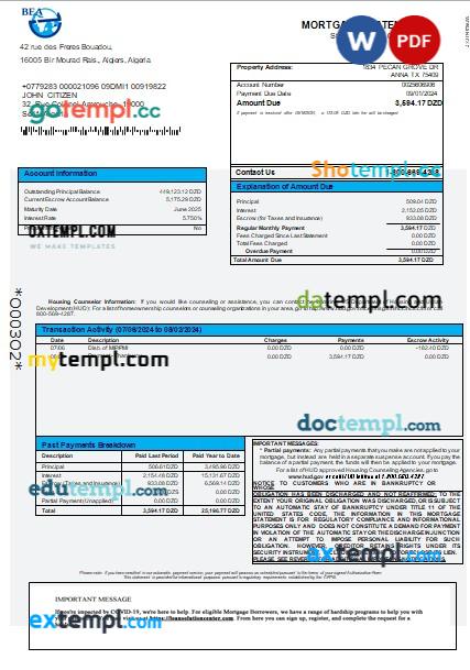 Algeria Banque exterieure d'Algerie bank mortgage statement, 3 pages, editable template in PDF and Word