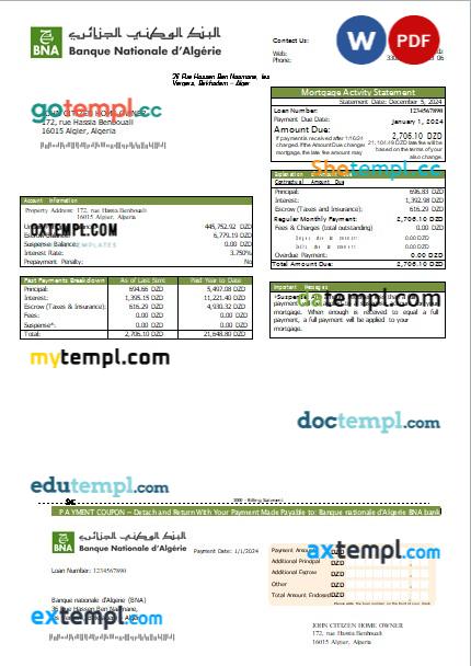 Algeria Banque nationale d'Algerie (BNA) bank mortgage statement, editable template in PDF and Word