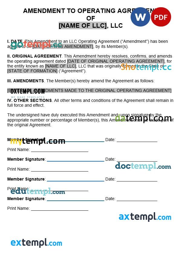 Amendment to LLC Operating Agreement Word example, fully editable