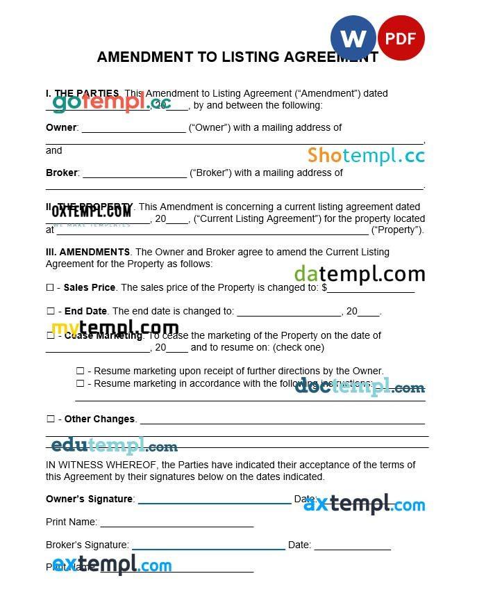 Amendment to Listing Agreement Word example, fully editable