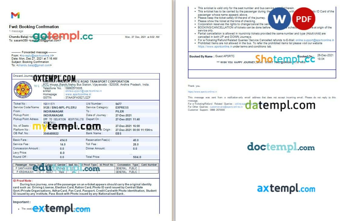 Andhra Pradesh State Road Transport Corporation bus e-ticket, Word and PDF download template, 2 pages, version 3