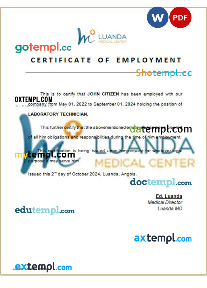 Angola Luanda Medical Center certificate of employment Word and PDF download template