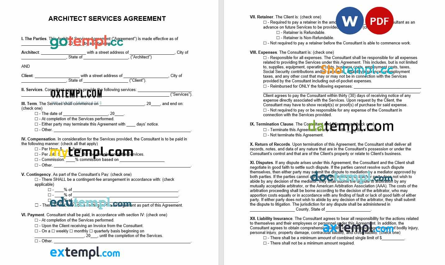 Architect Consultant Agreement Word example, fully editable