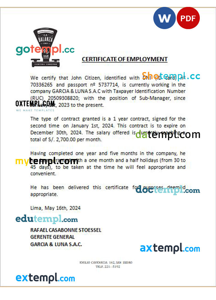 Argentina Garcia & Luna S.A.C certificate of employment Word and PDF download template