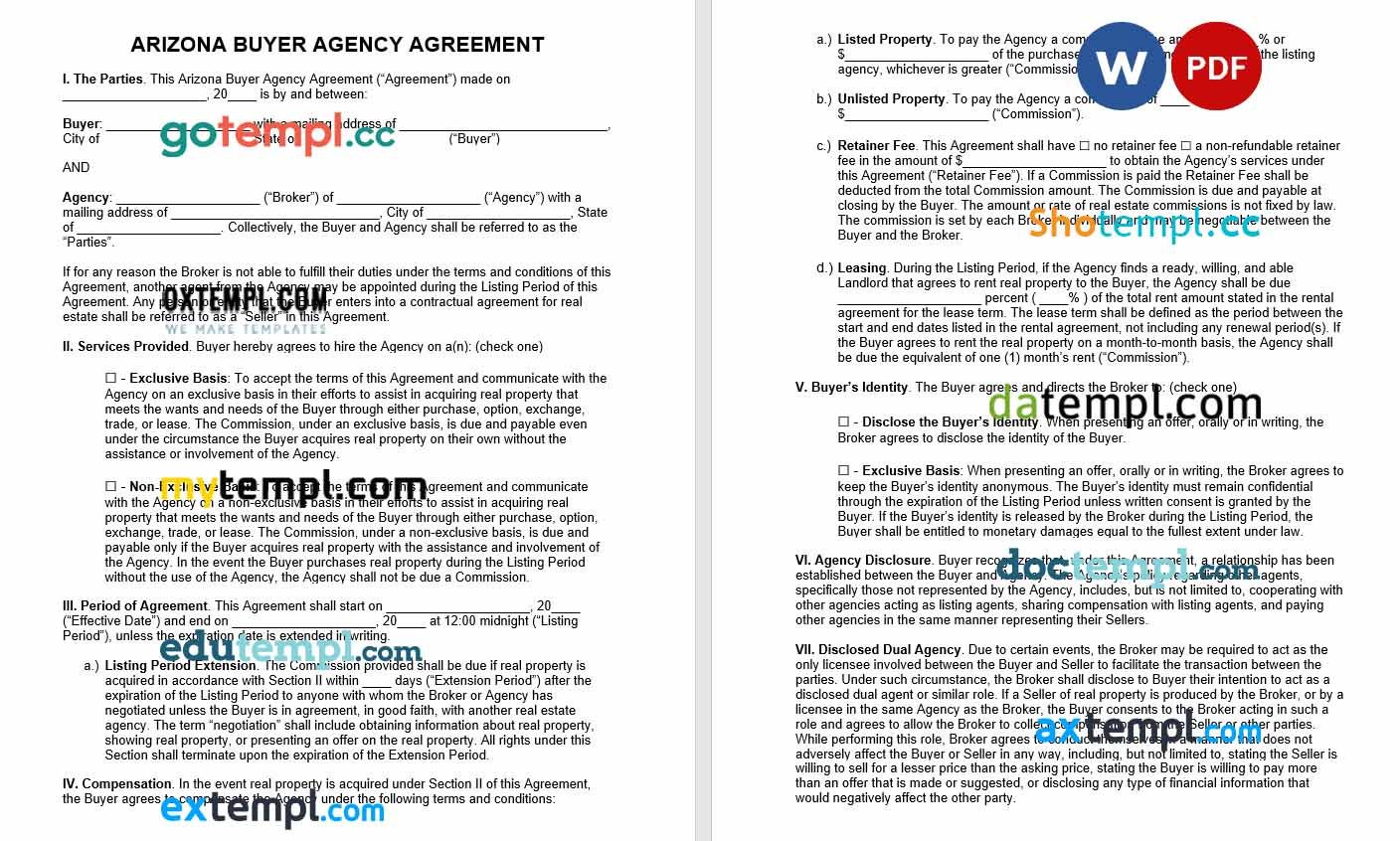 Arizona Buyer Agency Agreement Word example, fully editable