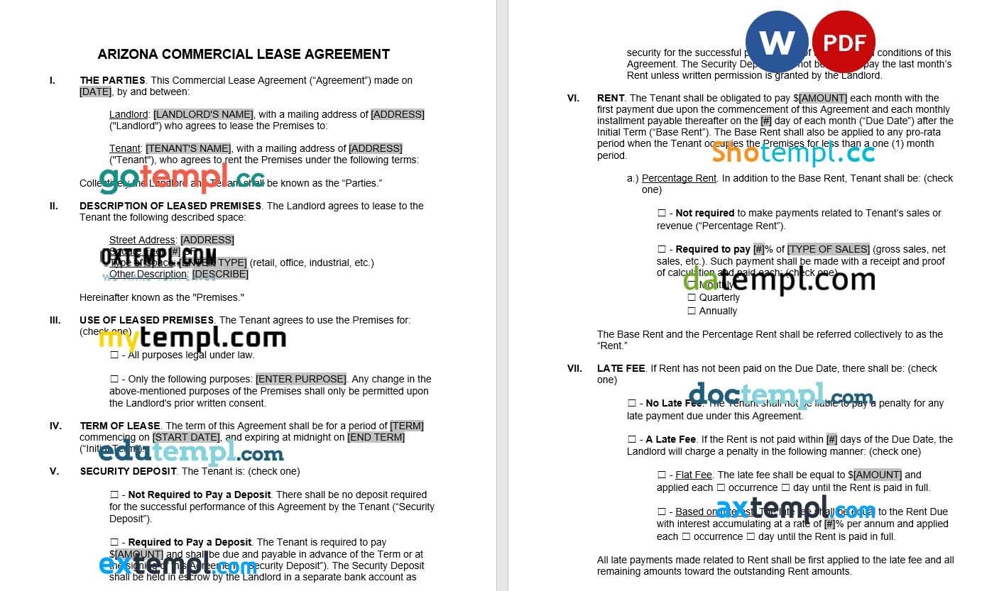 Arizona Commercial Lease Agreement Word example, fully editable