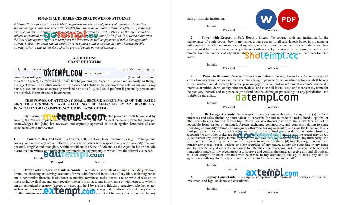 Arizona Durable Financial Power of Attorney Form example, fully editable