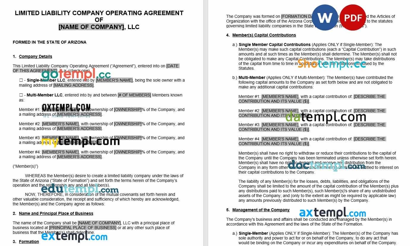 Arizona LLC Operating Agreement Word example, fully editable