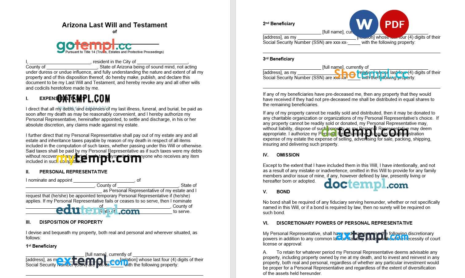 Arizona Last Will and Testament example, fully editable