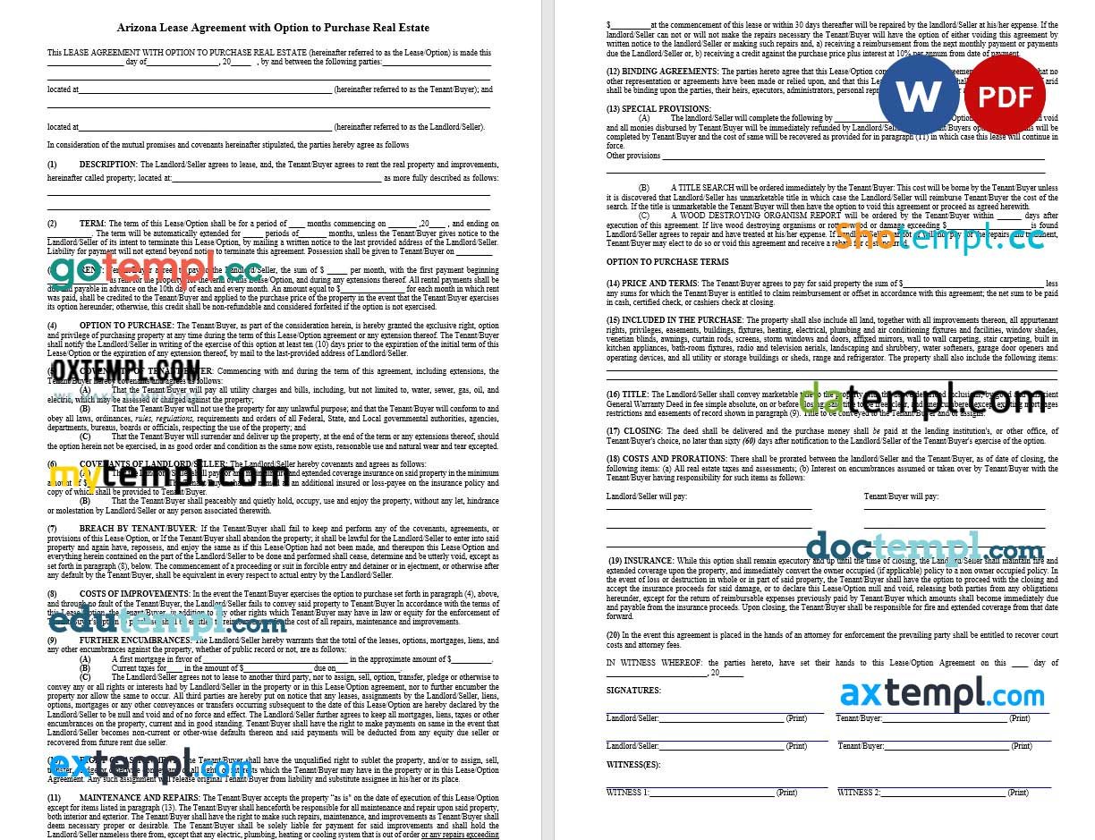 Arizona Lease Agreement with Option to Purchase Word example, fully editable