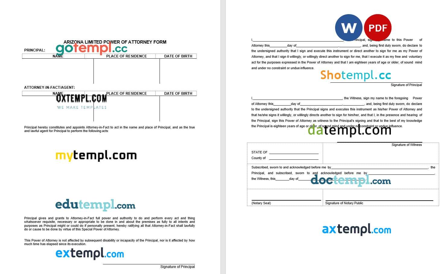 Arizona Limited Power of Attorney Form example, fully editable