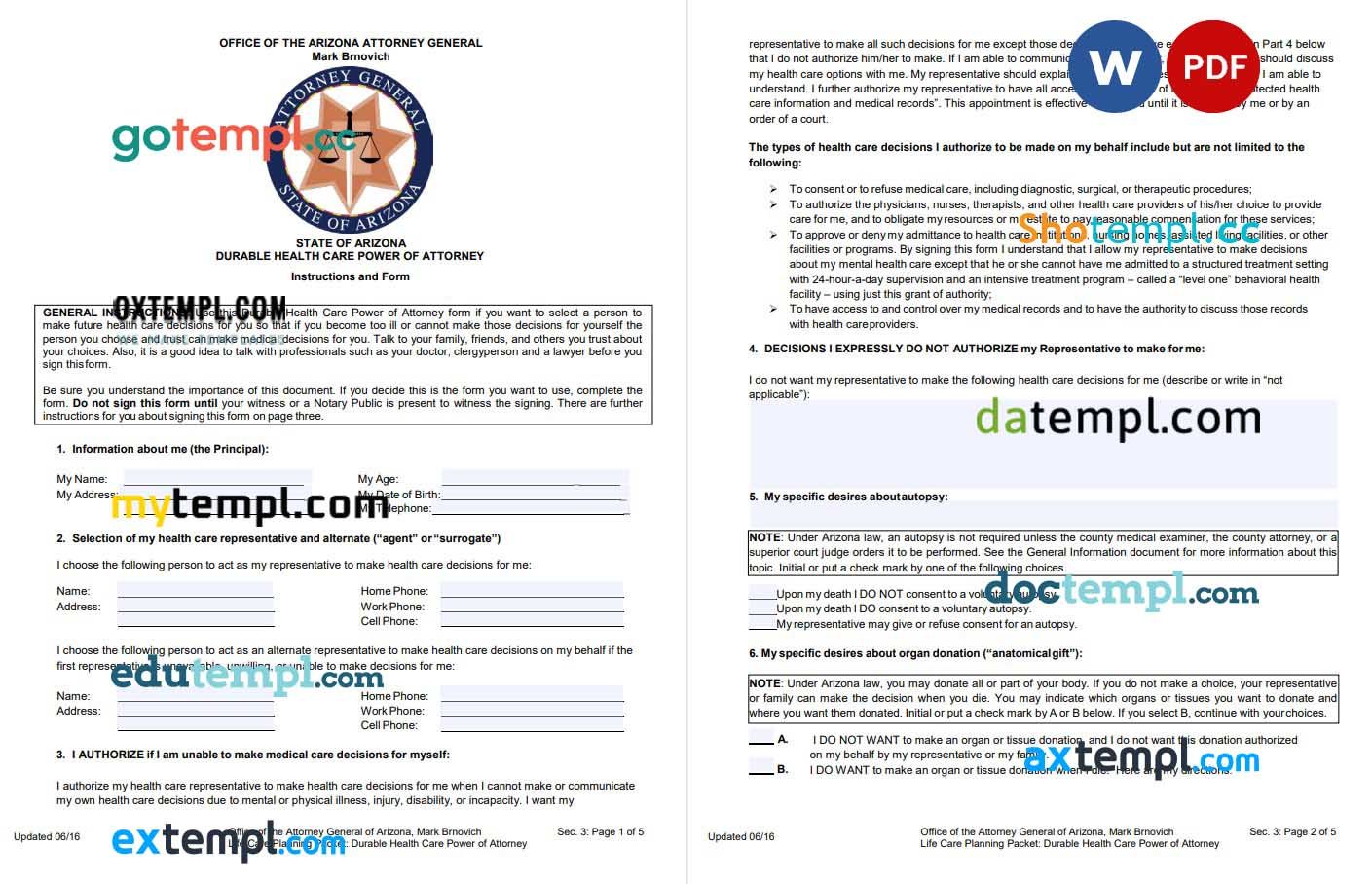 Arizona Medical Power of Attorney Form example, fully editable