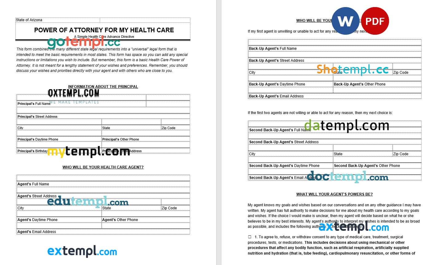 Arizona Medical Power of Attorney example, fully editable