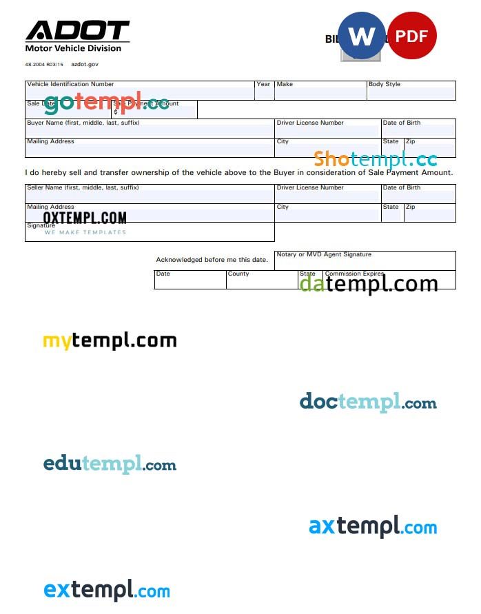 Arizona Motor Vehicle Bill of Sale Form example, fully editable