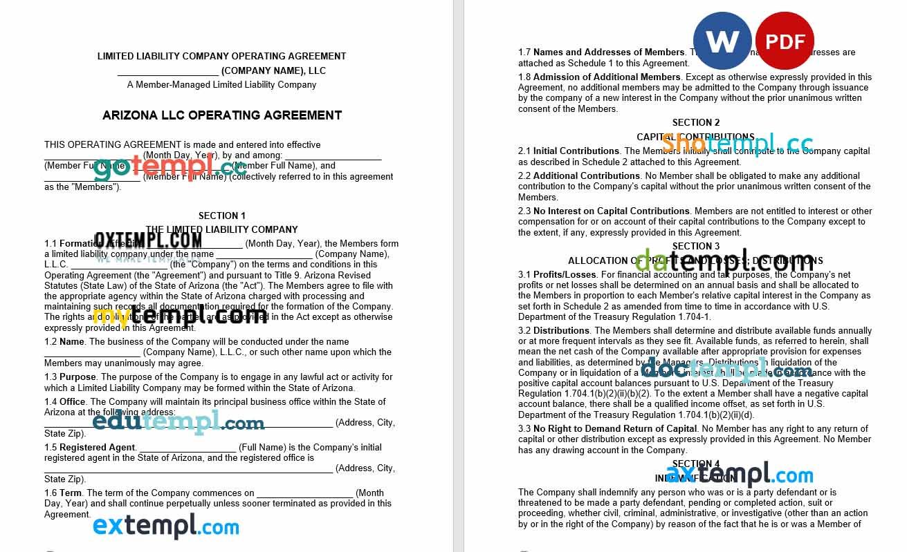 Arizona Multi-Member LLC Operating Agreement Word example, fully editable