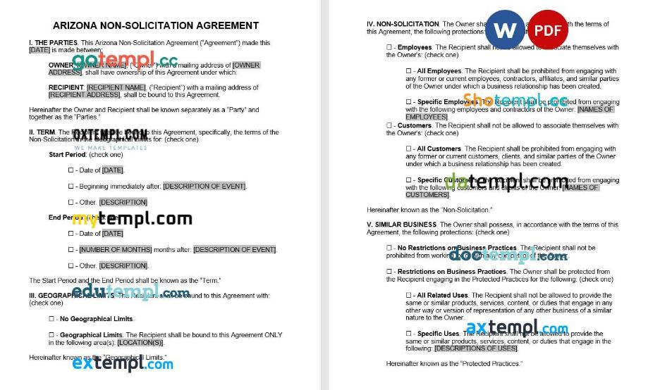 Arizona Non Solicitation Agreement example, fully editable