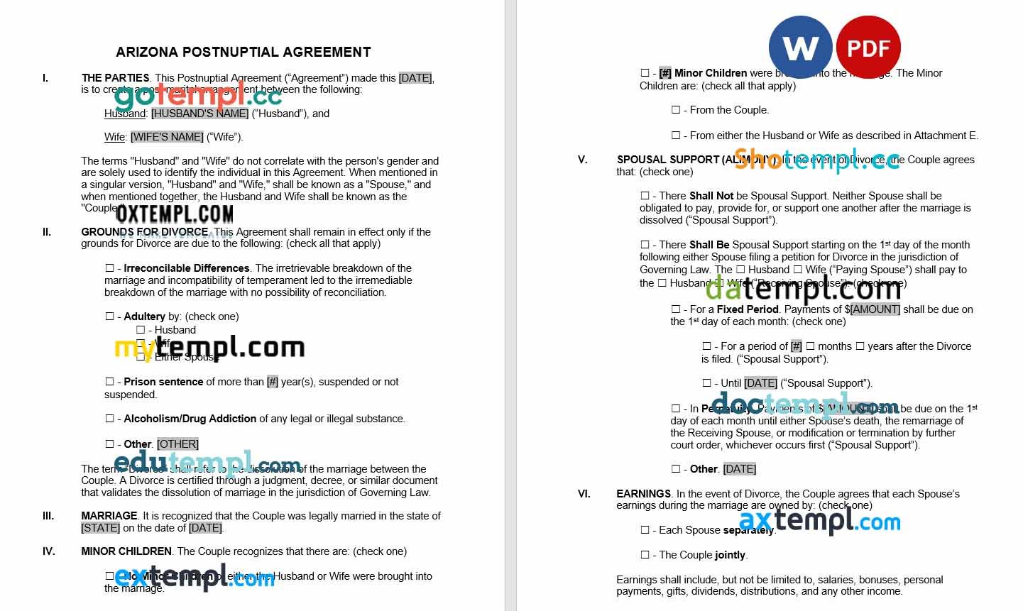 Arizona Postnuptial Agreement Word example, fully editable