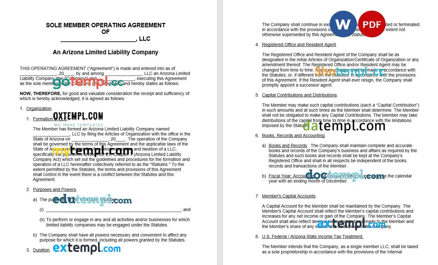 Arizona Single-Member LLC Operating Agreement Word example