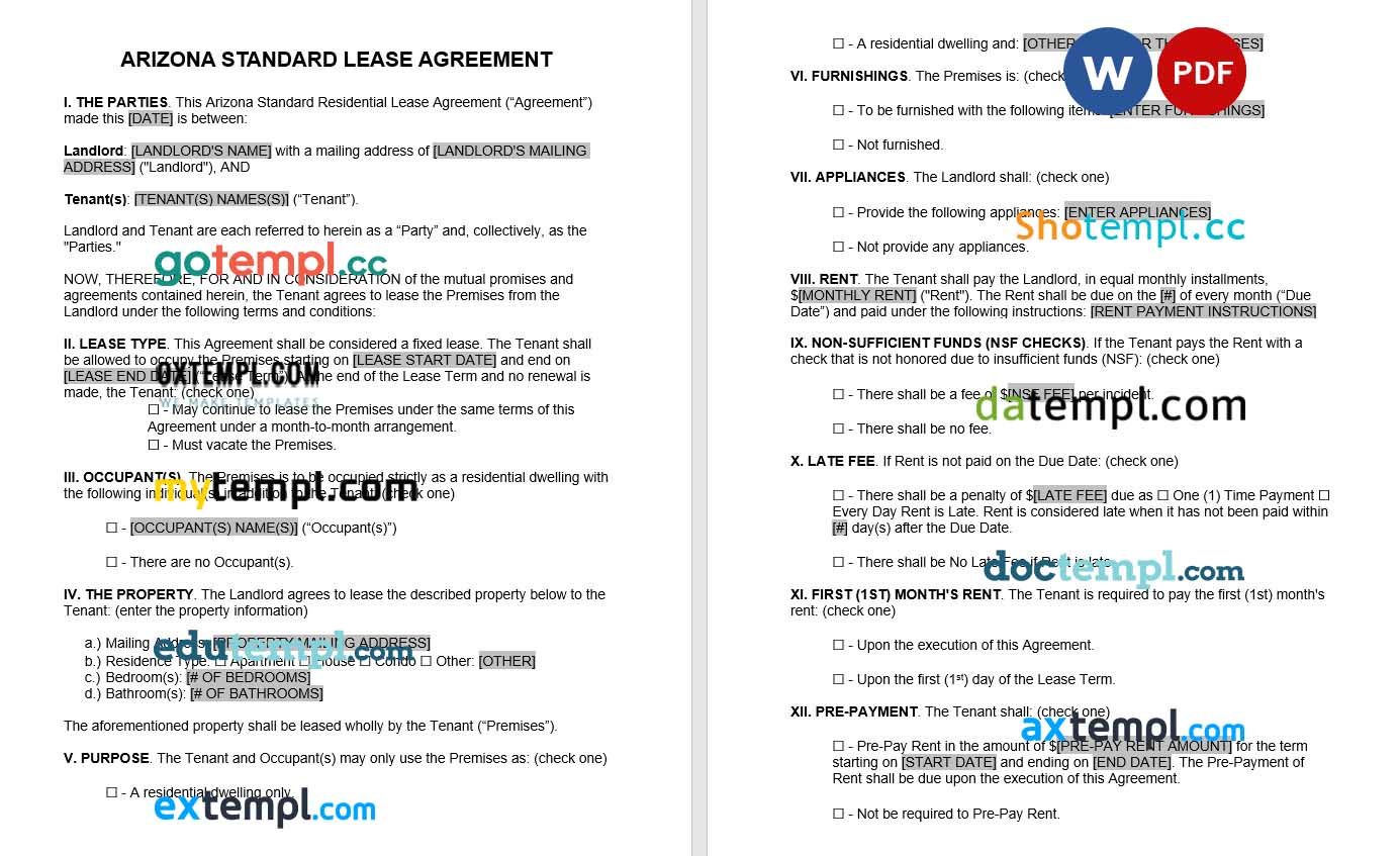 Arizona Standard Lease Agreement Word example, fully editable