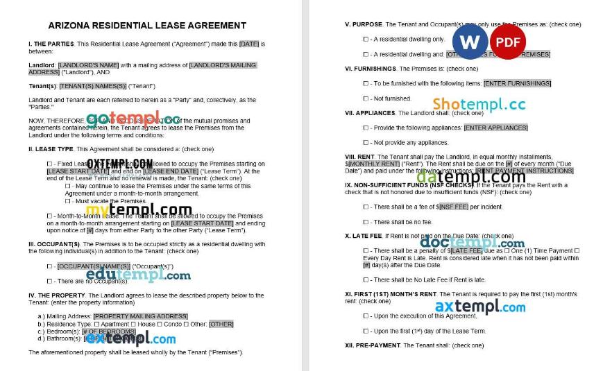 Arizona Standard Residential Lease Agreement Word example, fully editable