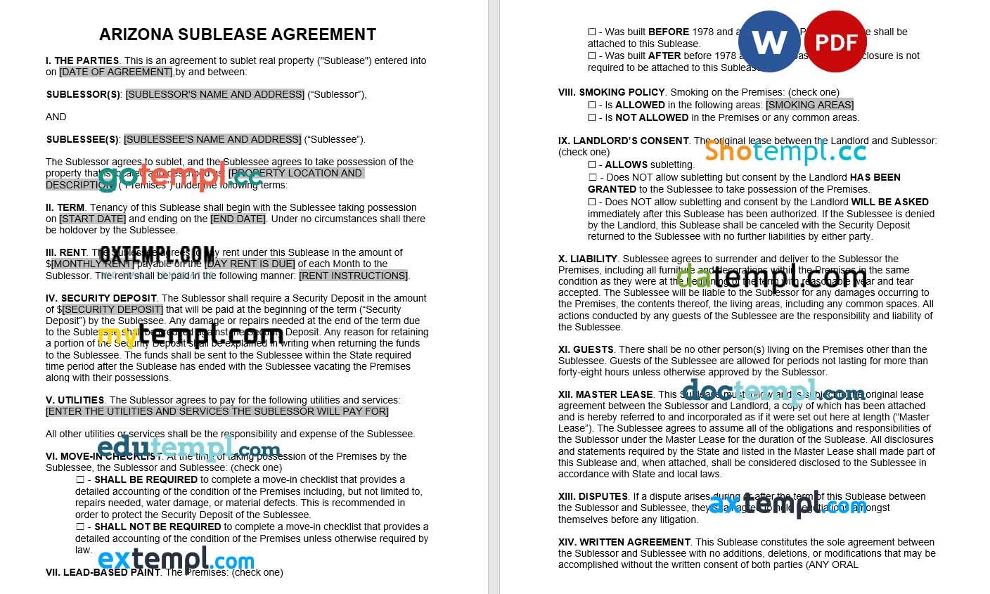 Arizona Sublease Agreement Word example, fully editable