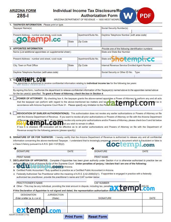 Arizona Tax Power of Attorney example, fully editable