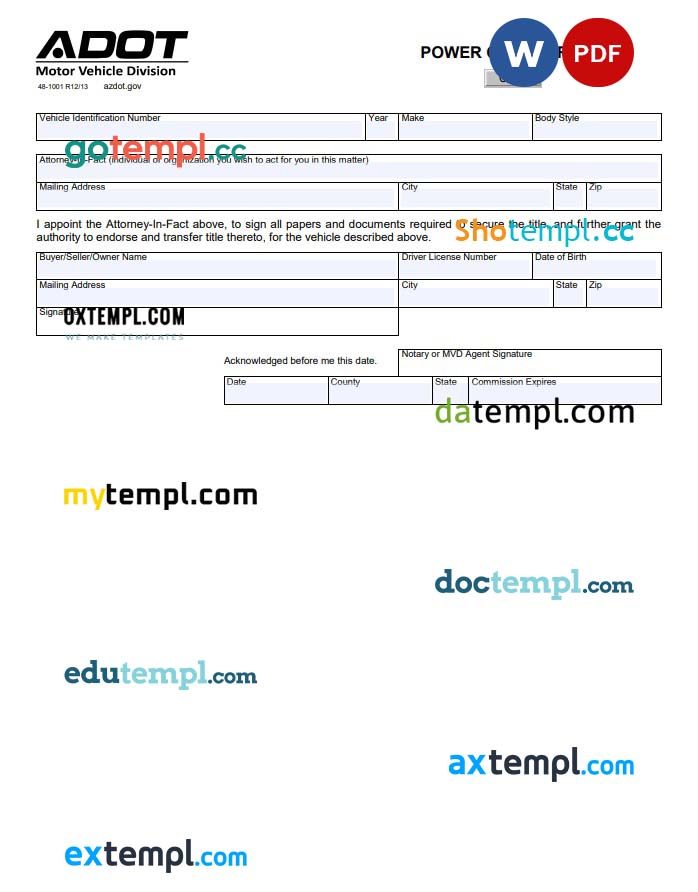 Arizona Vehicle Power of Attorney Form example, fully editable