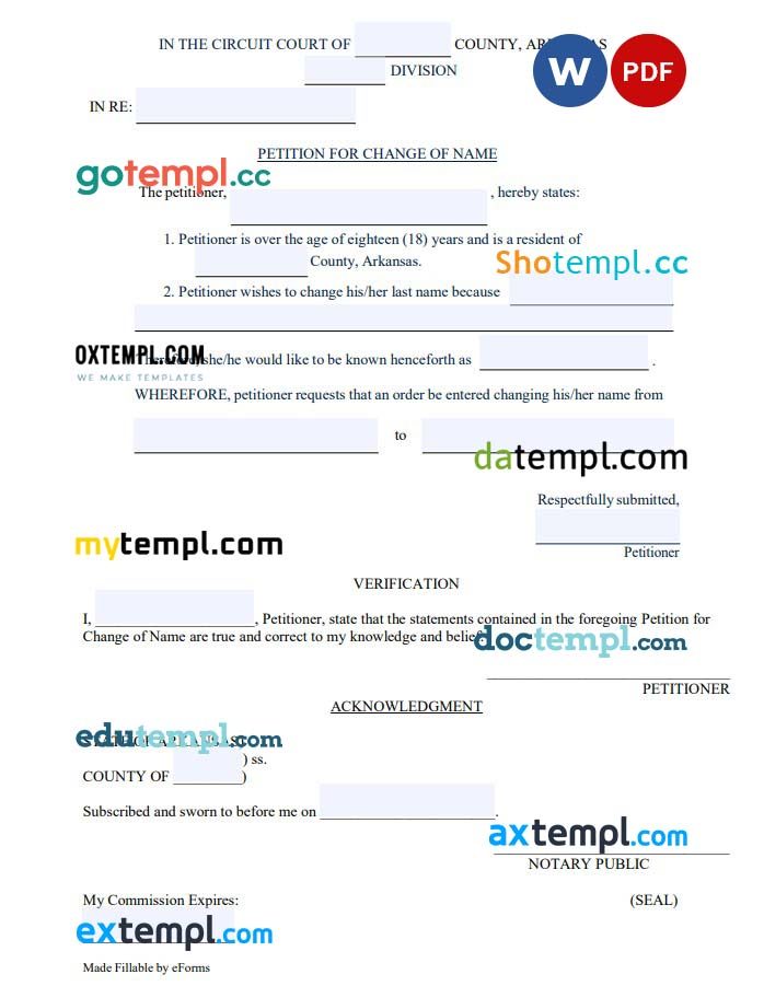 Arkansas Adult Name Change Petition example, fully editable