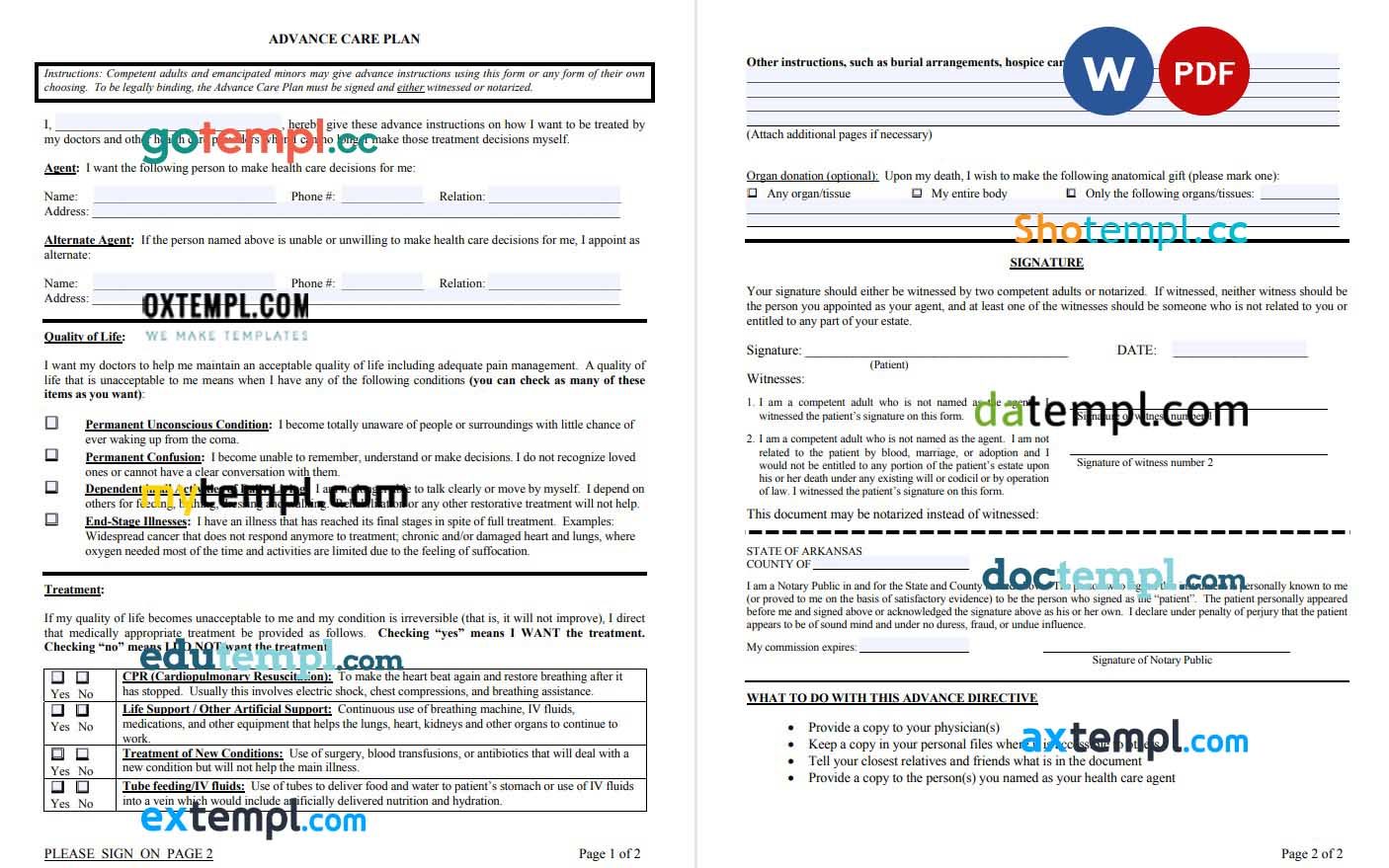 Arkansas Advance Care Plan Living Will example, fully editable