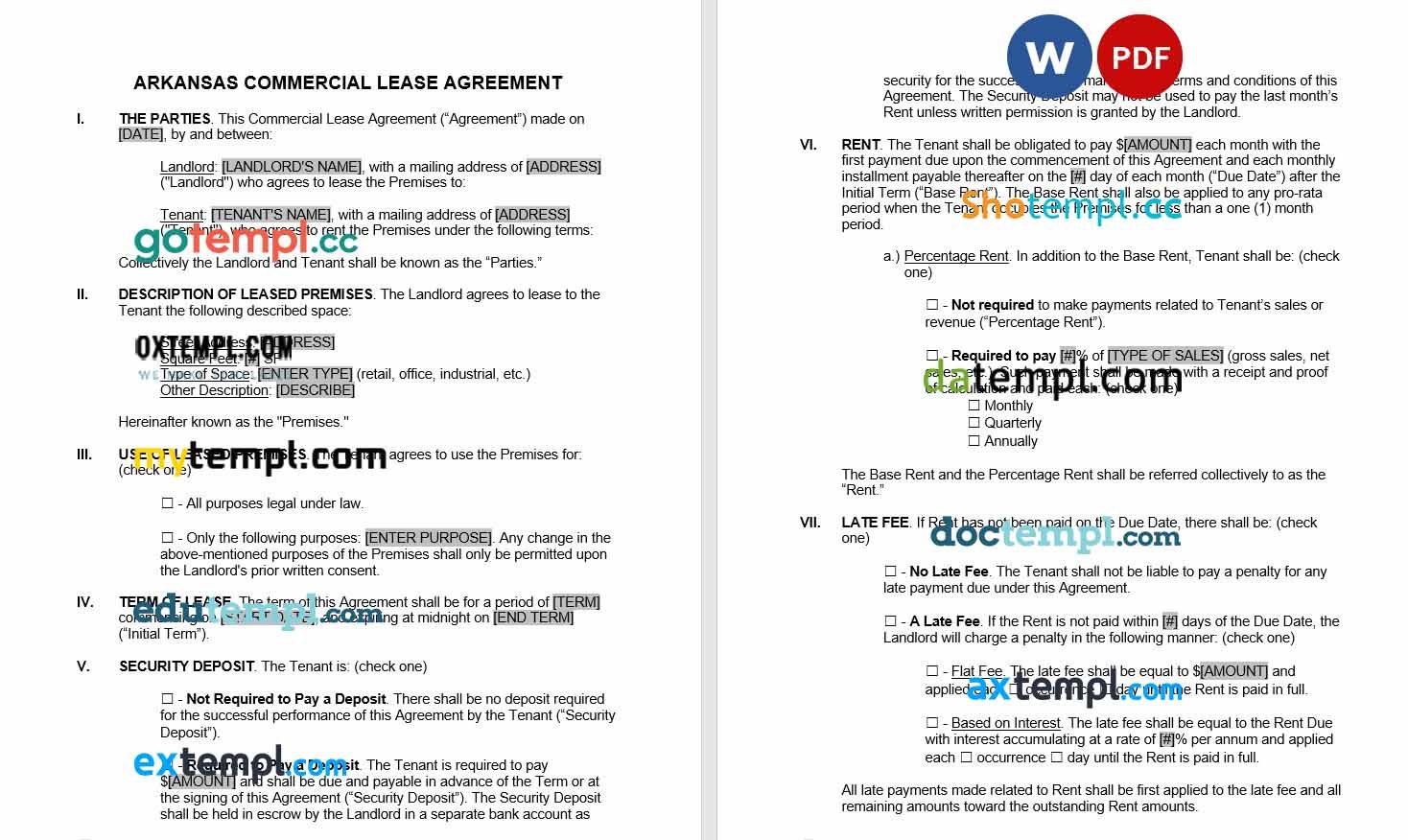 Arkansas Commercial Lease Agreement Word example, fully editable