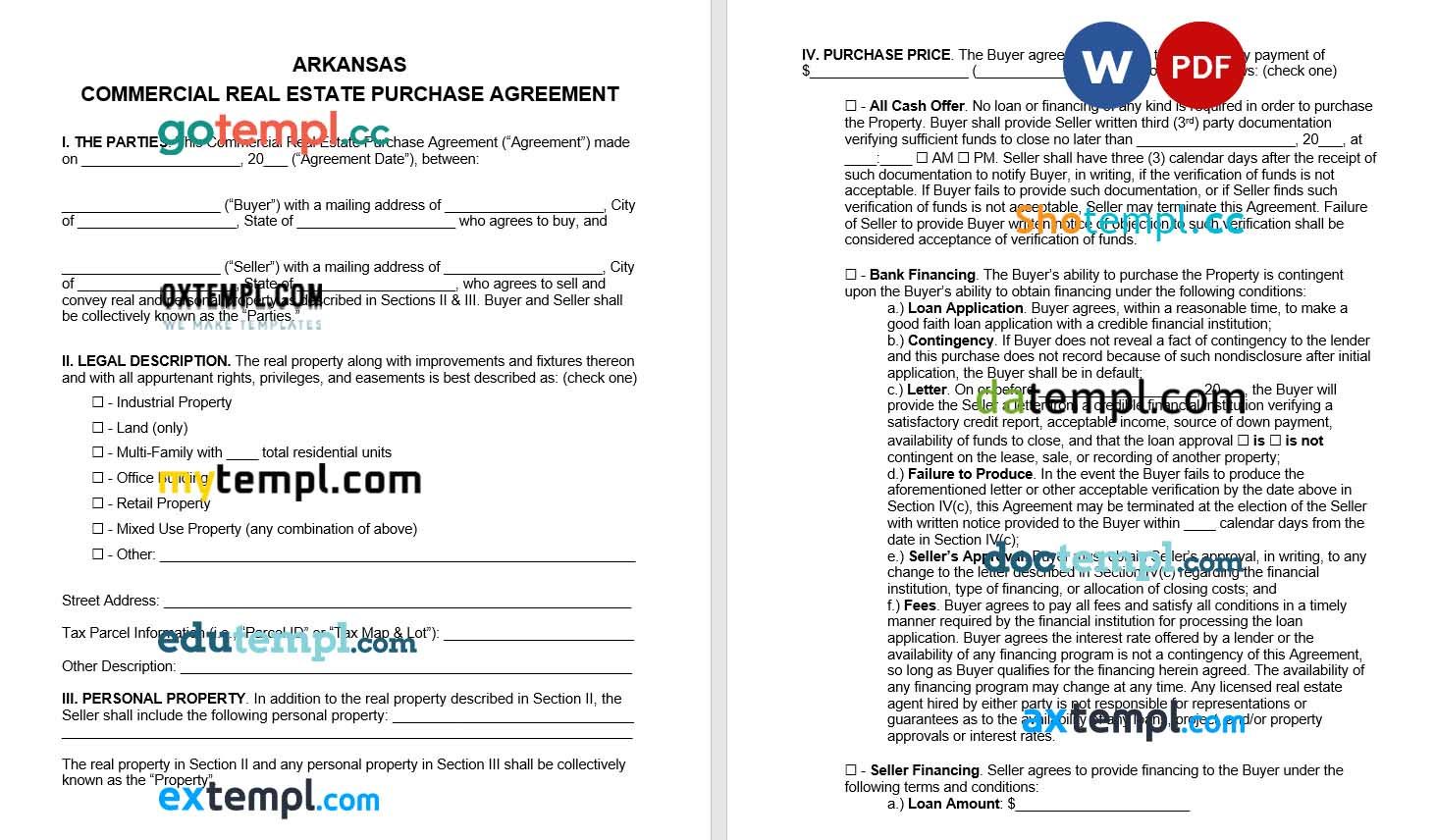 Arkansas Commercial Real Estate Purchase Agreement Word example, fully editable