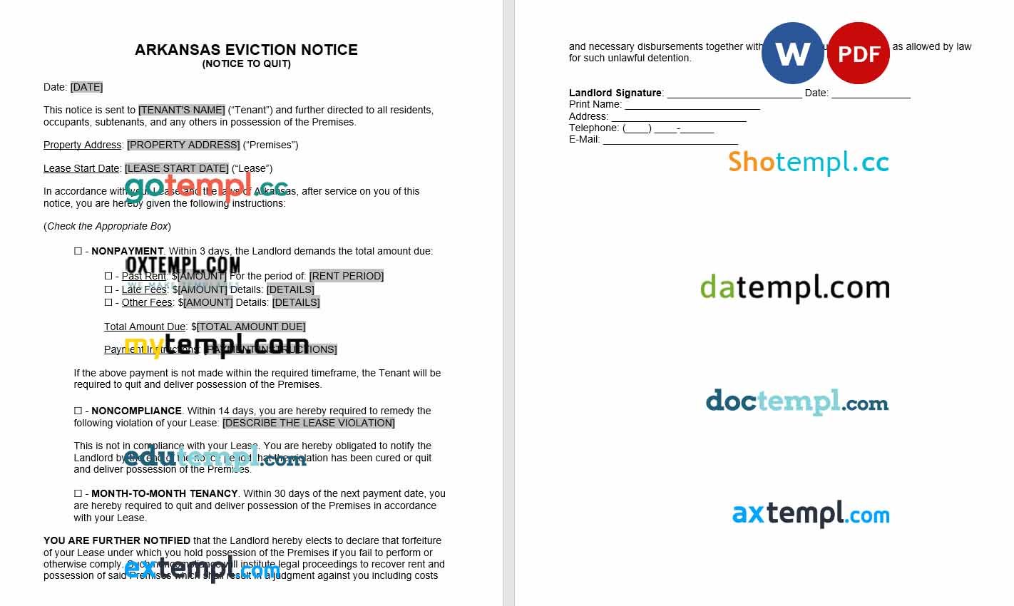 Arkansas Eviction Notice to Quit Form Word example, fully editable