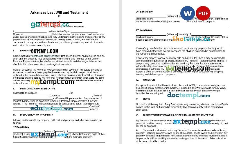 Arkansas Last Will and Testament example, fully editable