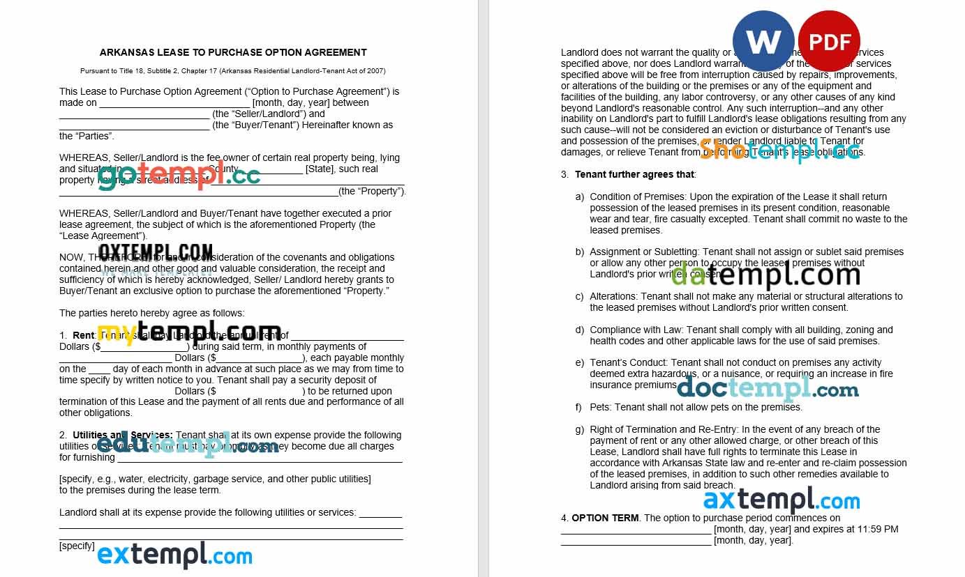 Arkansas Lease to Own Option to Purchase Agreement Word example