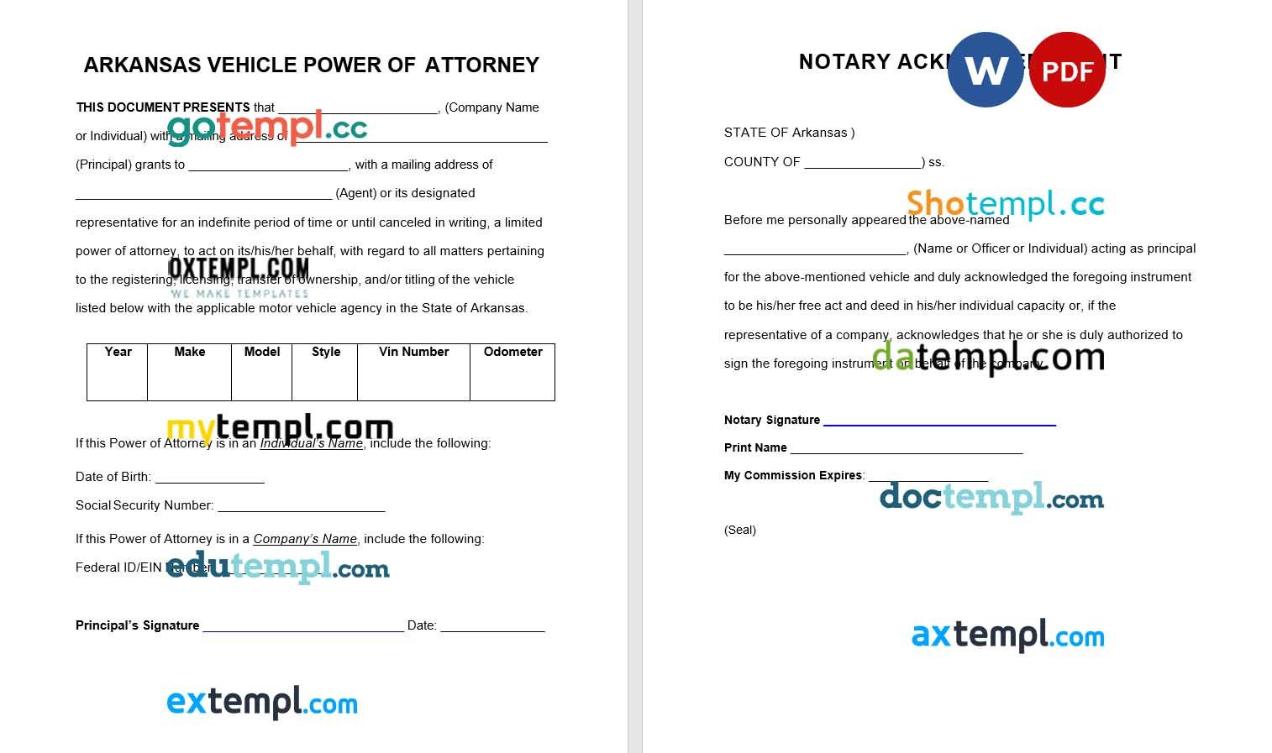 Arkansas Motor Vehicle Power of Attorney Form example, fully editable