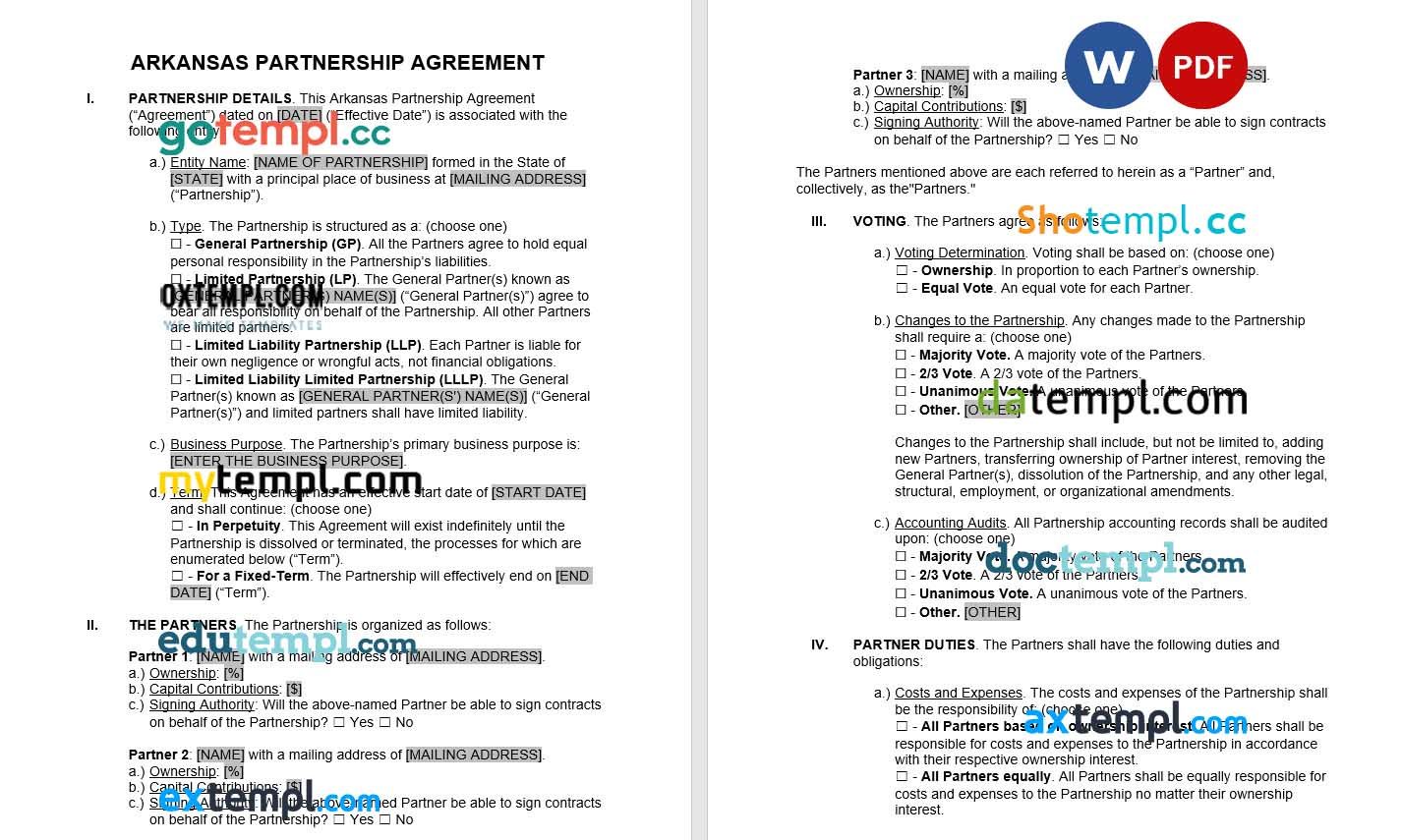 Arkansas Partnership Agreement word example, fully editable