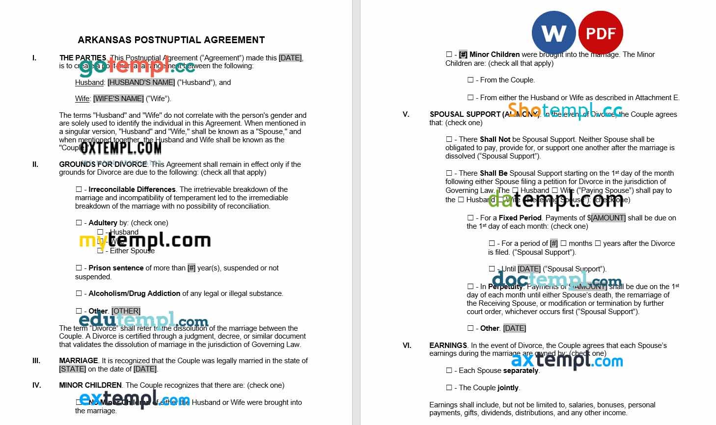 Arkansas Postnuptial Agreement Word example, completely editable