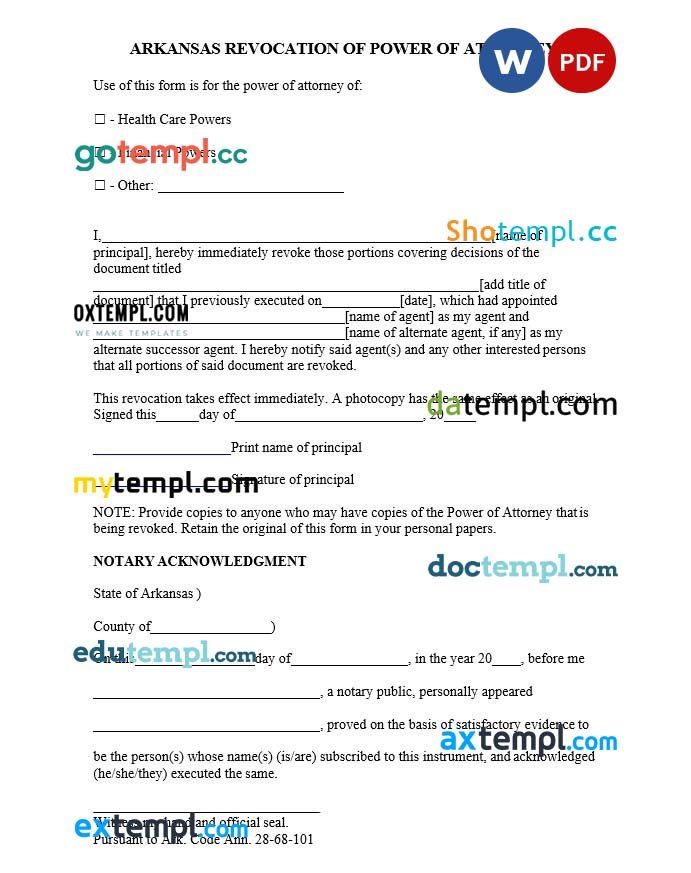 Arkansas Revocation of Power of Attorney Form example, fully editable