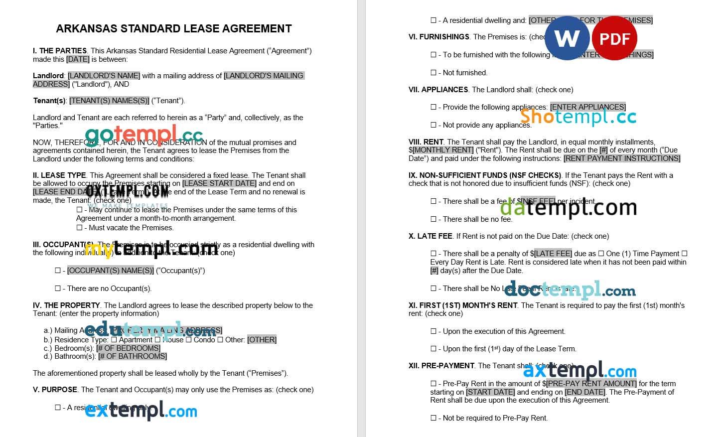 Arkansas Standard Lease Agreement Word example, fully editable