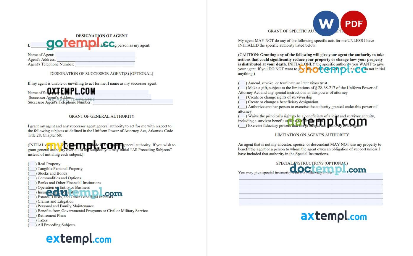 Arkansas Statutory General Power of Attorney Form example, fully editable